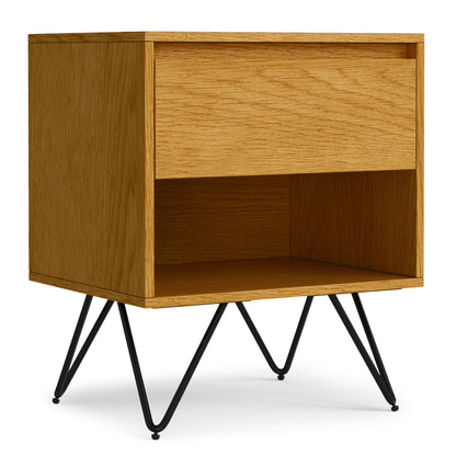 Light brown wood nightstand with one drawer and open lower shelf, tapered black legs