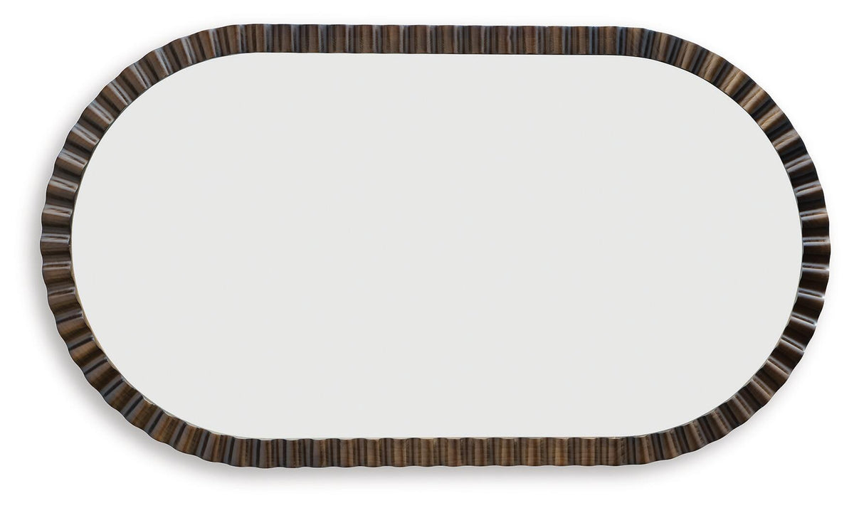 Oval accent mirror with ribbed dark brown frame, horizontal oval shape