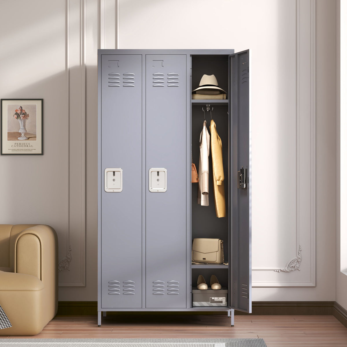 3 Door Lockers With Lock For Home, Gym, Office, School, And Garage - Gray