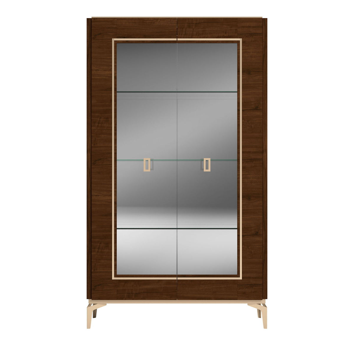 Dark brown two-door china cabinet with glass doors and adjustable interior shelves