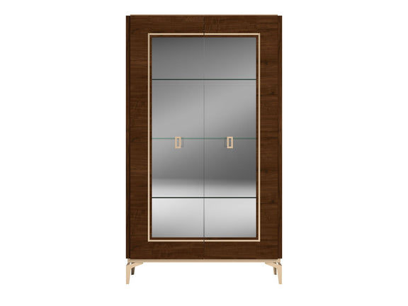 Dark brown two-door china cabinet with glass doors and adjustable interior shelves