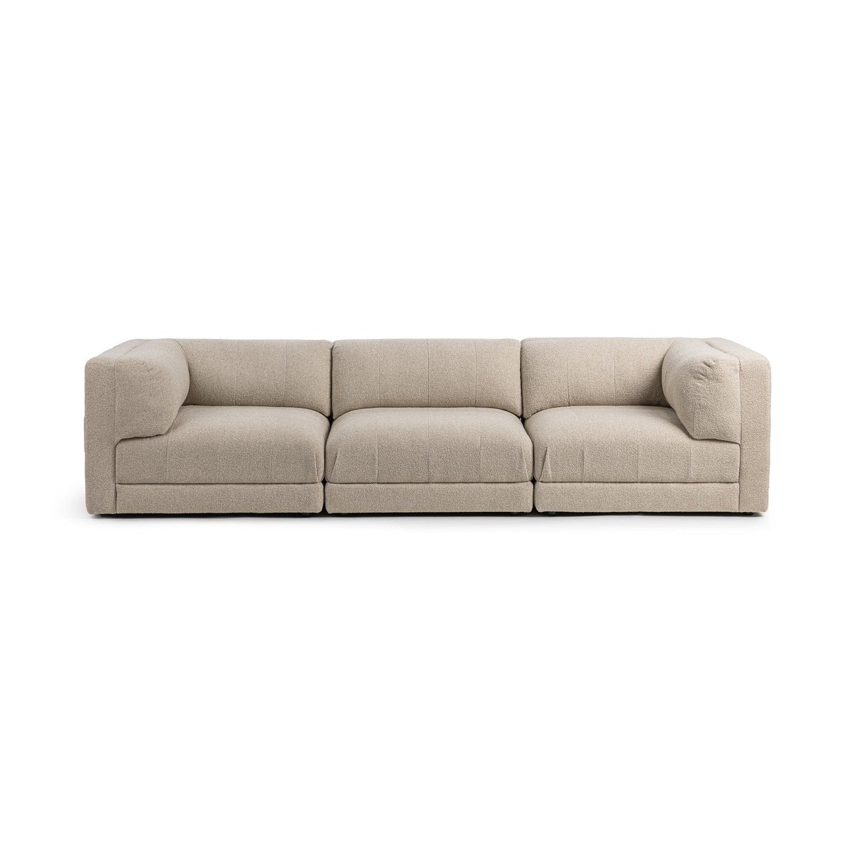 Beige 3-piece sectional sofa with three seat cushions and deep chaise blocks