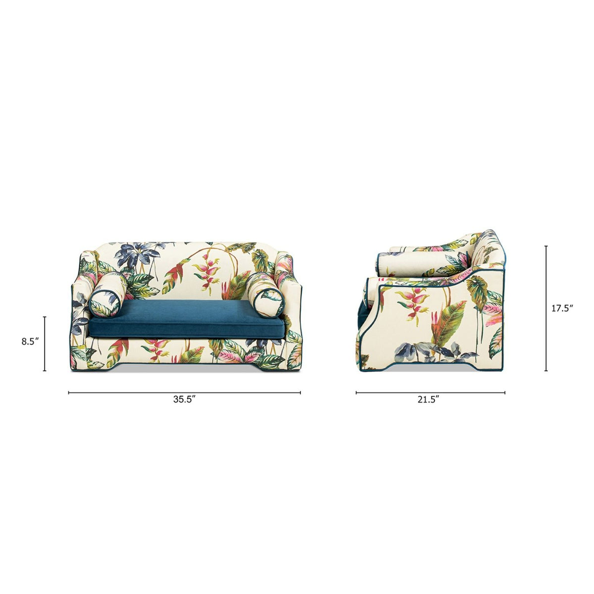Floral dog sofa bed with rolled arms and two cushioned bolsters, blue base