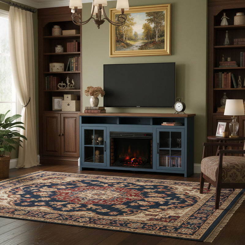 Blue fireplace TV stand console with glass cabinet doors and central open firebox
