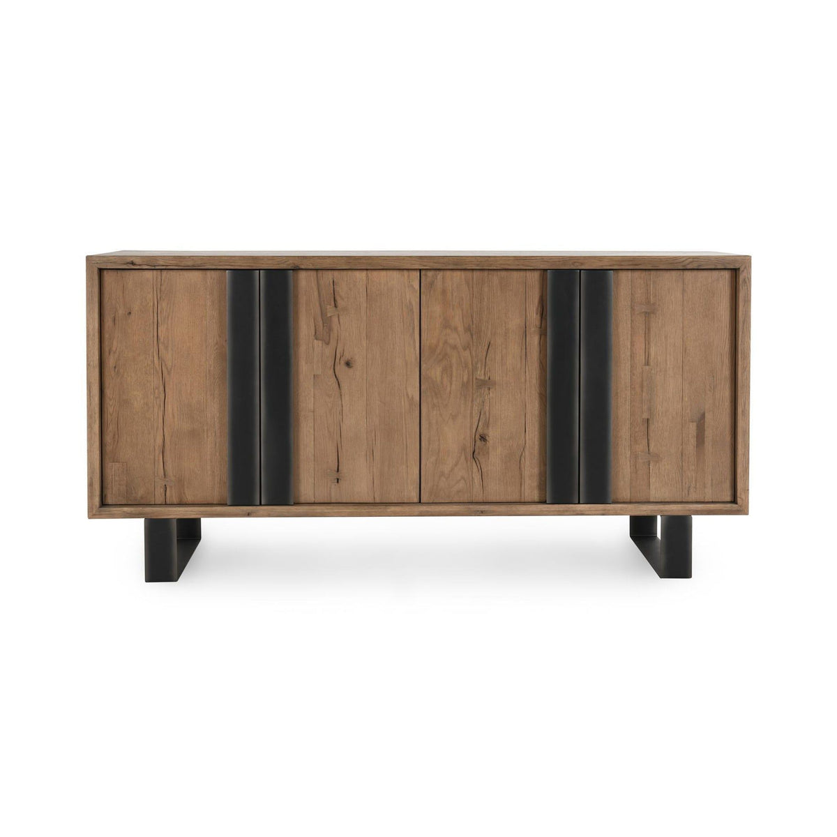 Oak sideboard with four door panels and black vertical center accents; black feet
