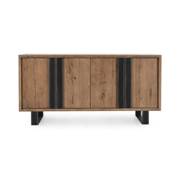 Oak sideboard with four door panels and black vertical center accents; black feet