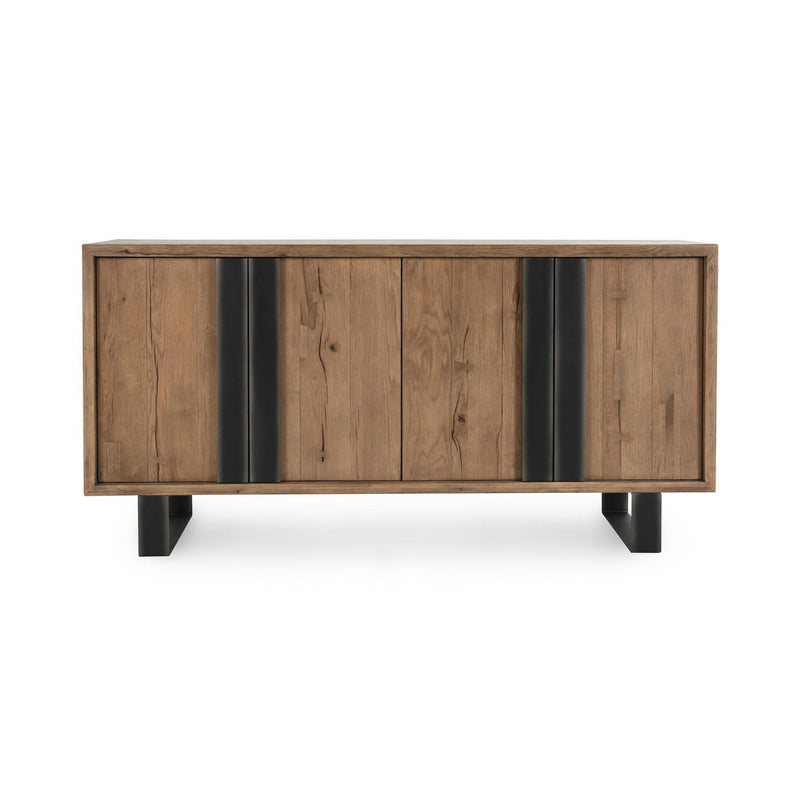 Oak sideboard with four door panels and black vertical center accents; black feet