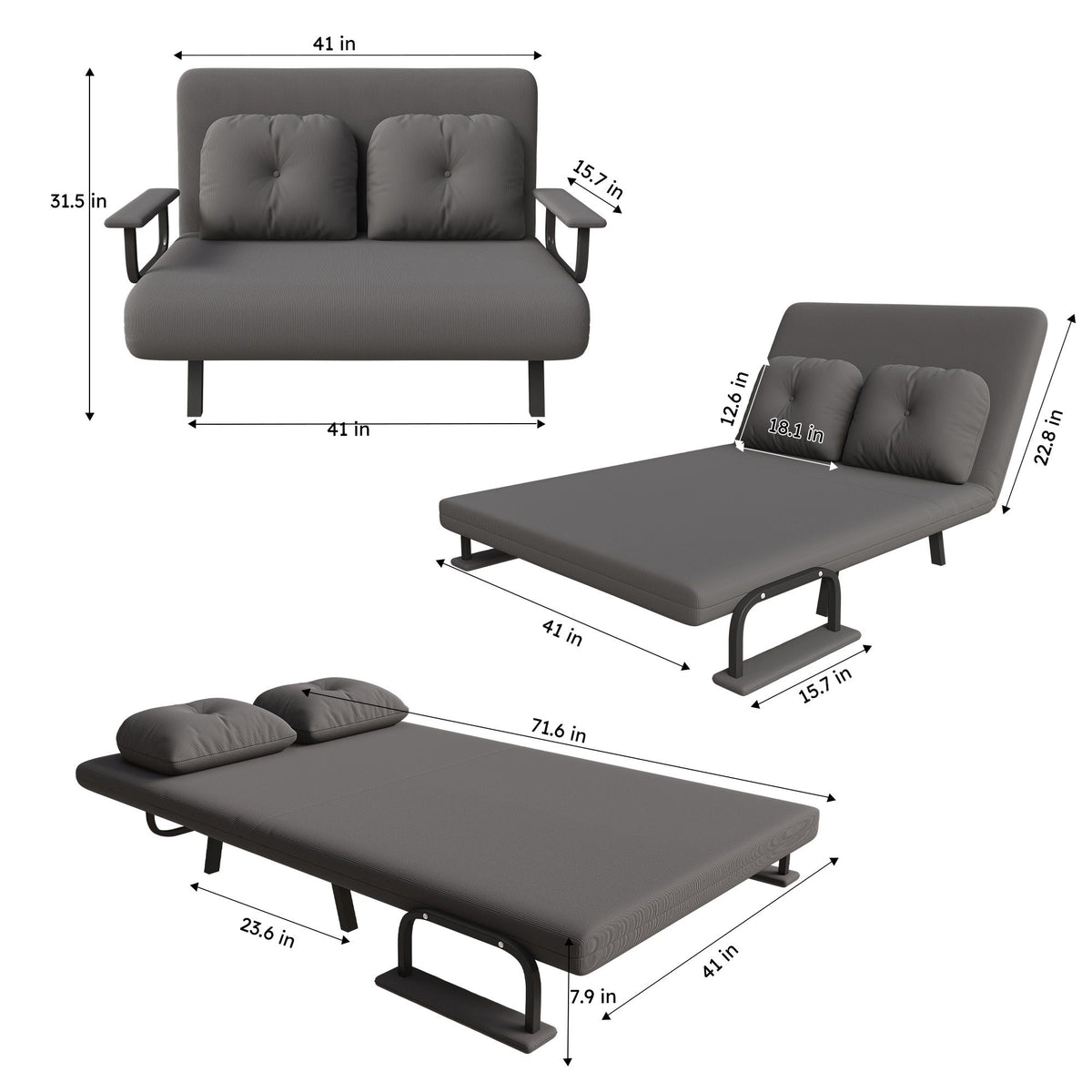 Convertible sofa bed size chart, dark gray fabric sofa and bed dimensions shown.