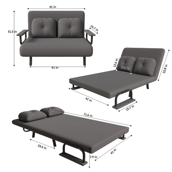 Convertible sofa bed size chart, dark gray fabric sofa and bed dimensions shown.