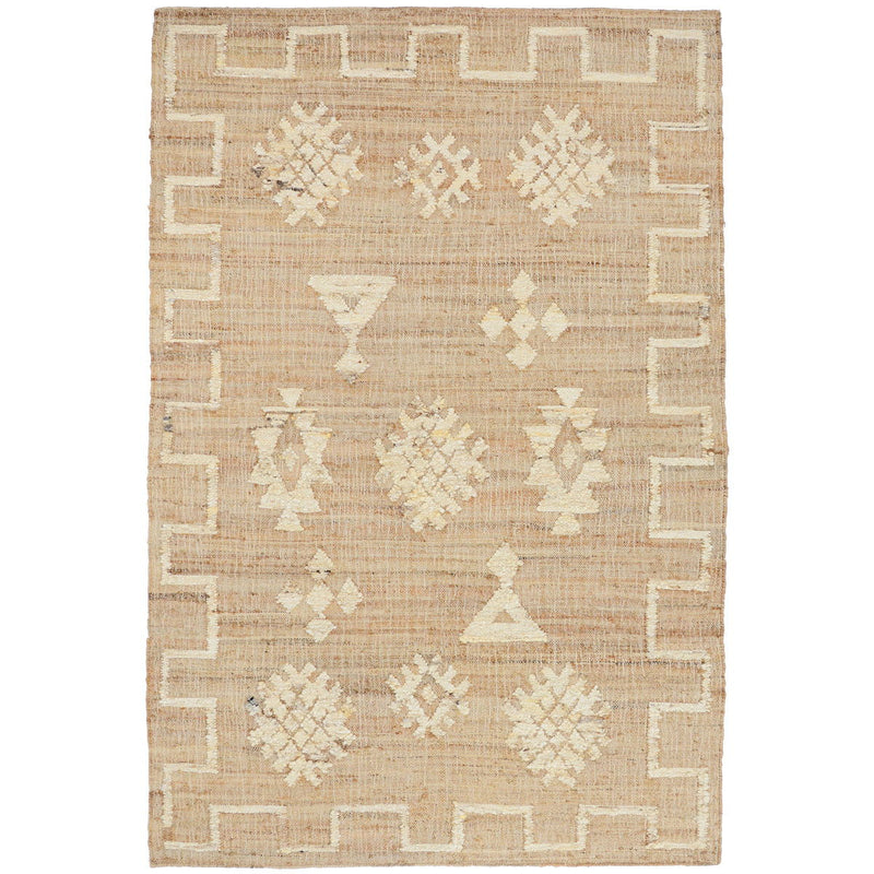 Natural woven rug with ivory diamond and triangle motifs plus border edging