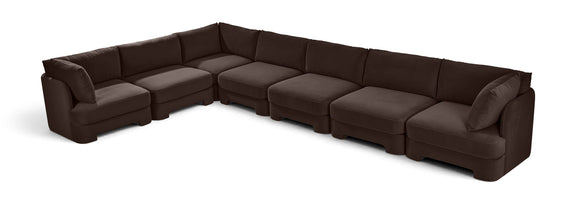 Velvet sectional sofa in dark brown with square arms and modular chaise seats