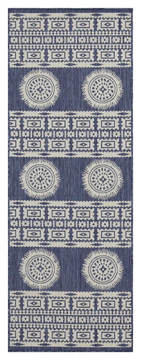 Blue polypropylene area rug with stacked circular medallions and patterned border