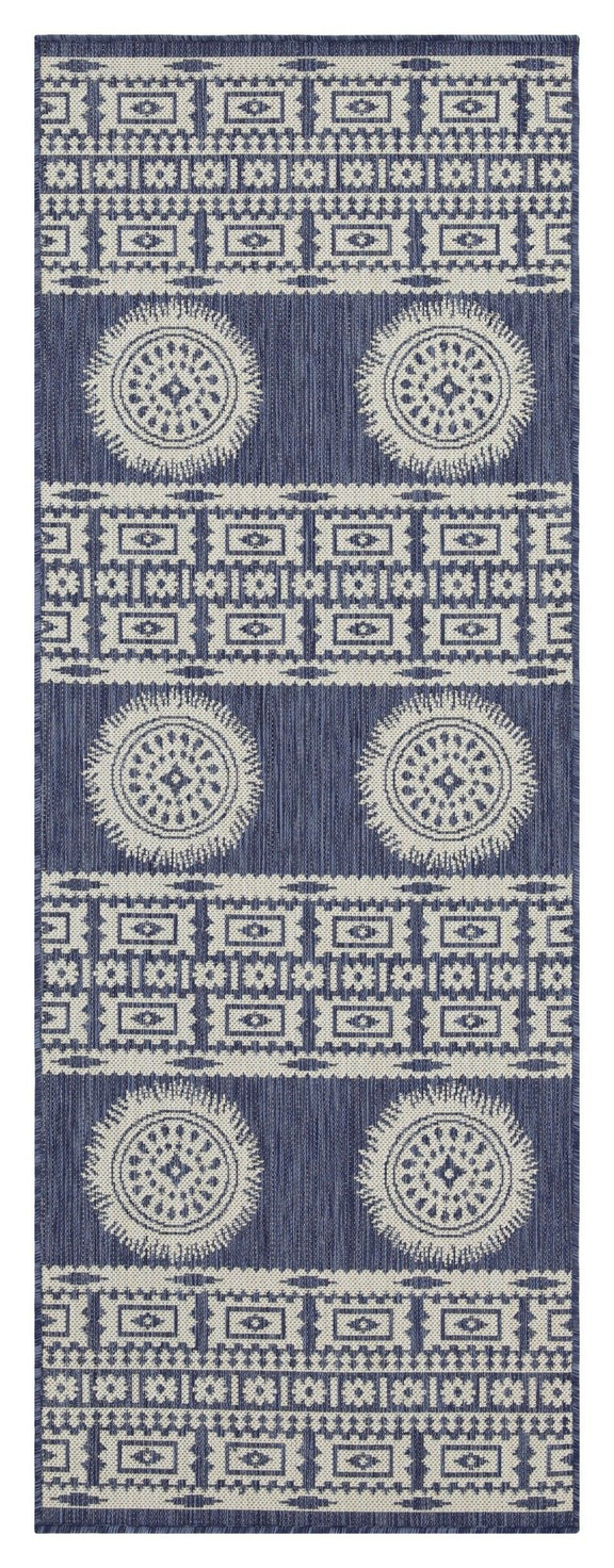 Blue polypropylene area rug with stacked circular medallions and patterned border