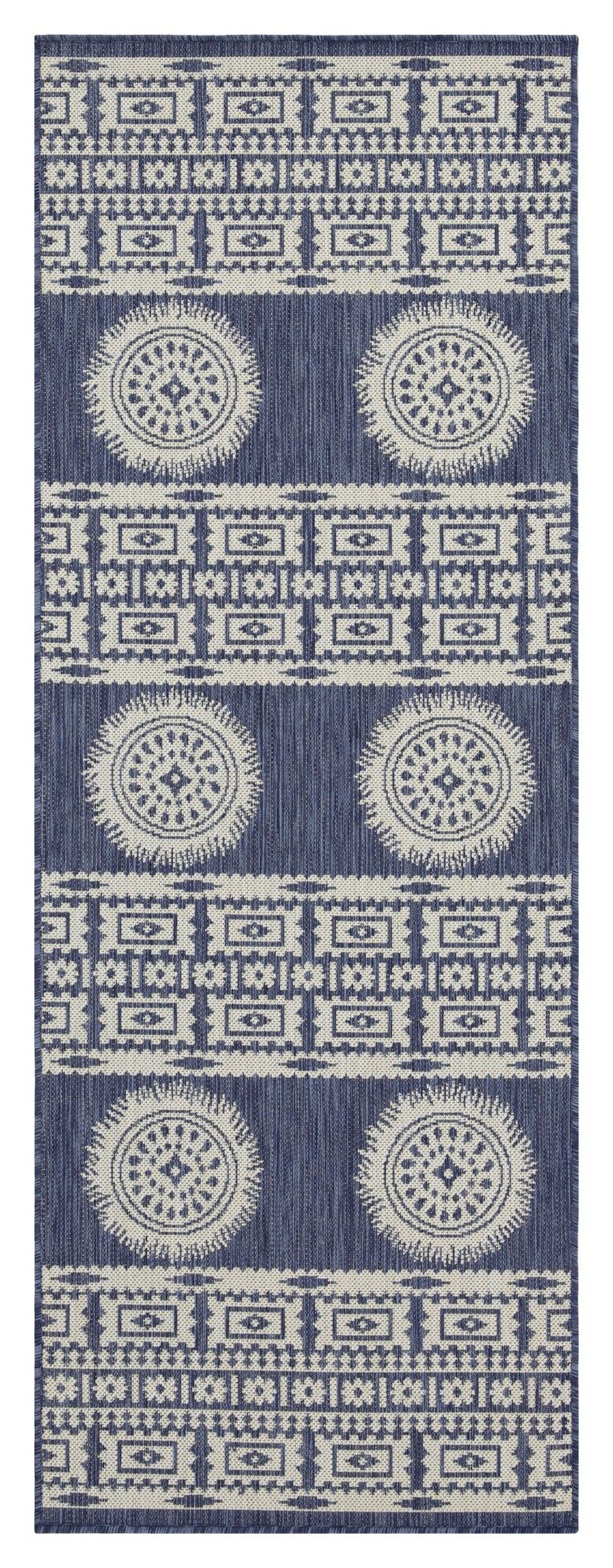 Blue polypropylene area rug with stacked circular medallions and patterned border