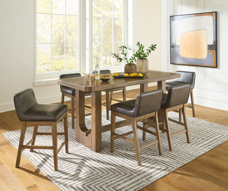 Rectangular dining counter table set, light brown wood with four dark gray chairs.