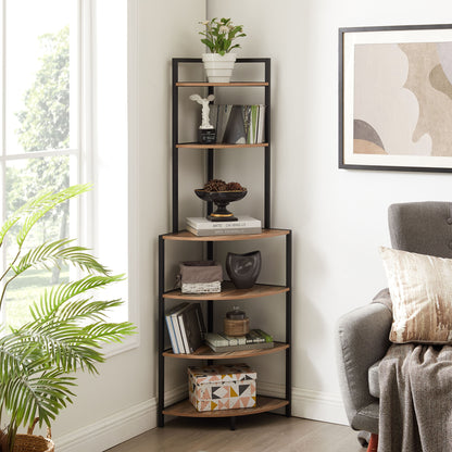 6 Tier Corner Open Shelf Modern Bookcase Wood Rack Freestanding Shelving Unit, Plant Album Trinket Sturdy Stand Small Bookshelf Space-Saving For Living Room Home Office Kitchen Small Space - Rustic Brown