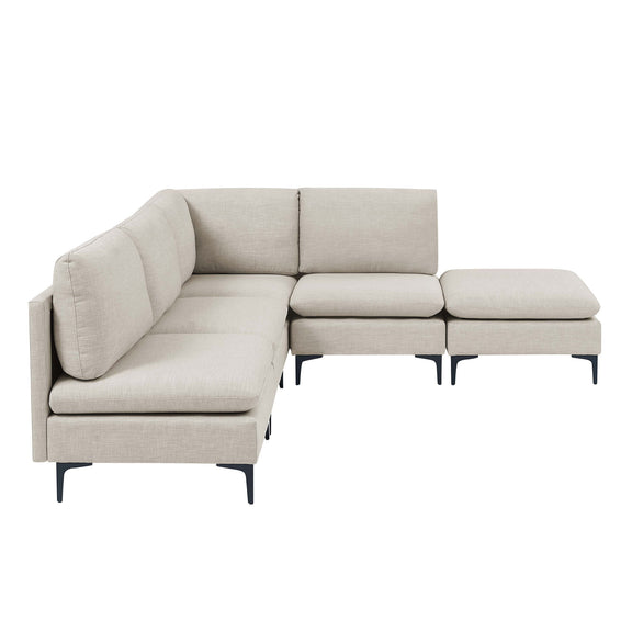 Beige modular sectional sofa with chaise ottoman seats, tall legs and rounded arm