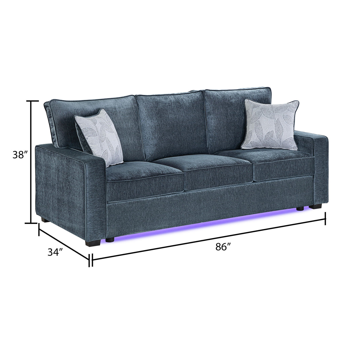Blue upholstered 3-seat sofa with 2 patterned throw pillows and LED base light strip