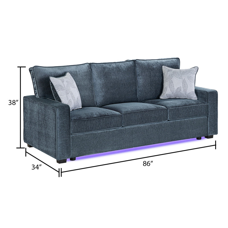 Blue upholstered 3-seat sofa with 2 patterned throw pillows and LED base light strip