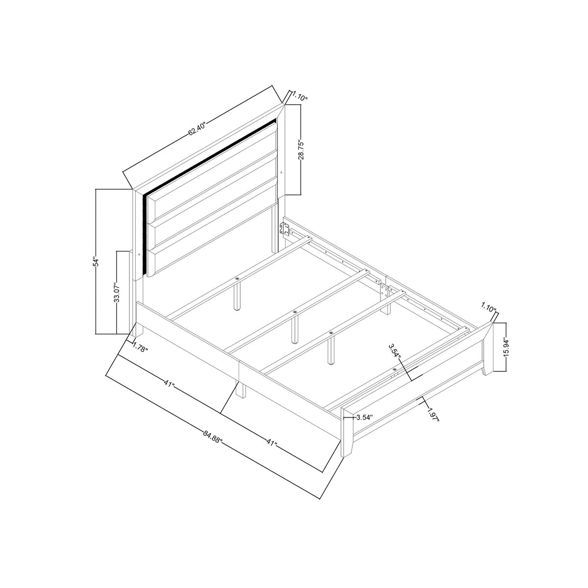 Queen bed frame technical diagram showing headboard, slats, and dimensions