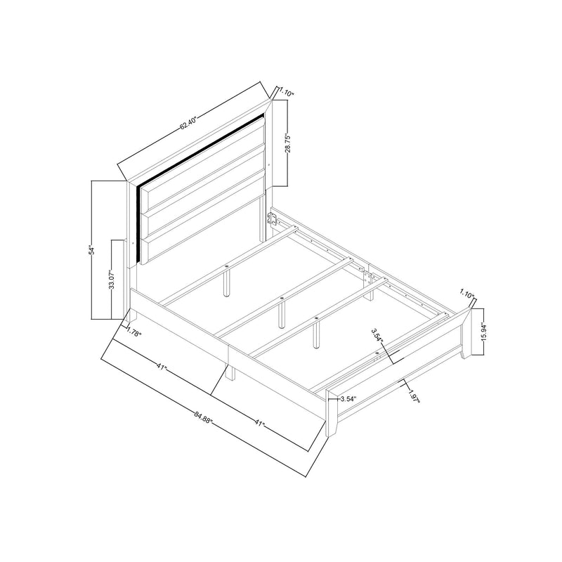 Queen bed frame technical diagram showing headboard, slats, and dimensions