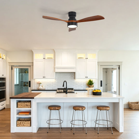 Black ceiling fan with LED light and three dark wood blades in a home setting