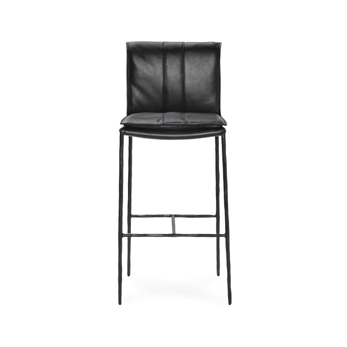Black bar stool with cushioned square back and armless seat, slender metal legs