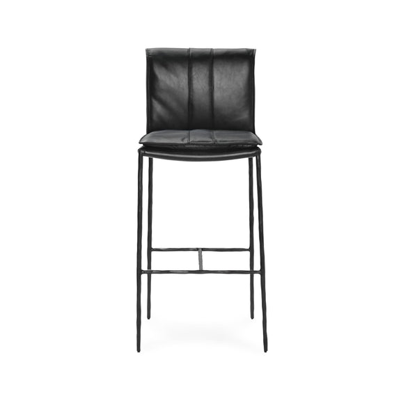 Black bar stool with cushioned square back and armless seat, slender metal legs