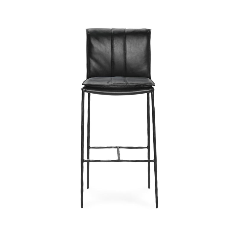 Black bar stool with cushioned square back and armless seat, slender metal legs