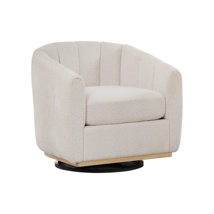 Modern Chenille Upholstered Barrel Chair with Metal Base, 360° Swivel, Ivory, Solid Wood Frame, Foam Cushion, for Living Room, Bedroom, Office