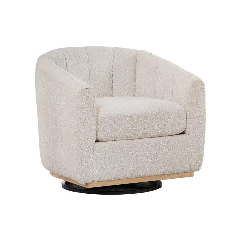 Modern Chenille Upholstered Barrel Chair with Metal Base, 360° Swivel, Ivory, Solid Wood Frame, Foam Cushion, for Living Room, Bedroom, Office