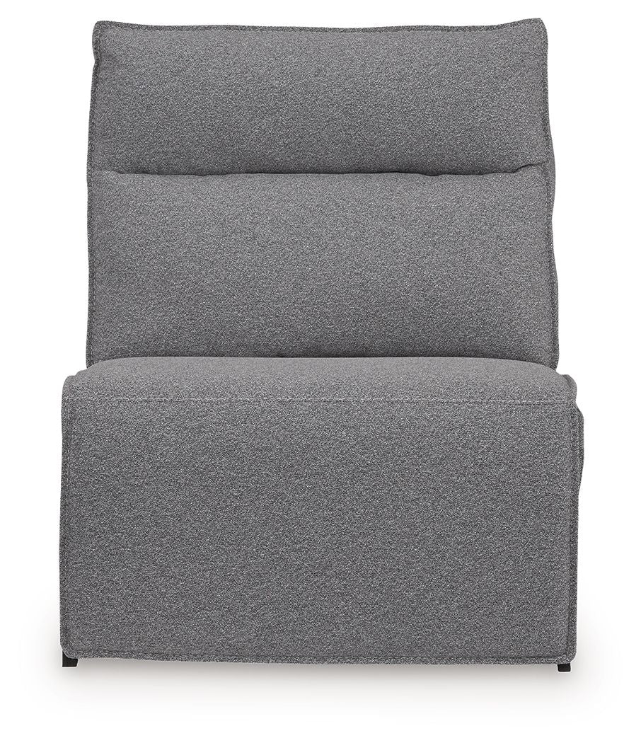 Salt-and-pepper gray upholstered recliner with tall back cushion and padded seat, front view