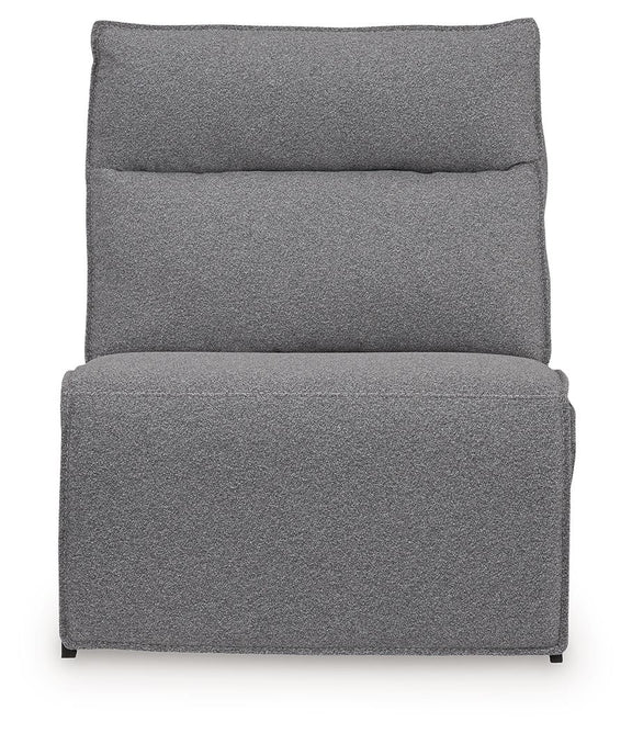 Salt-and-pepper gray upholstered recliner with tall back cushion and padded seat, front view
