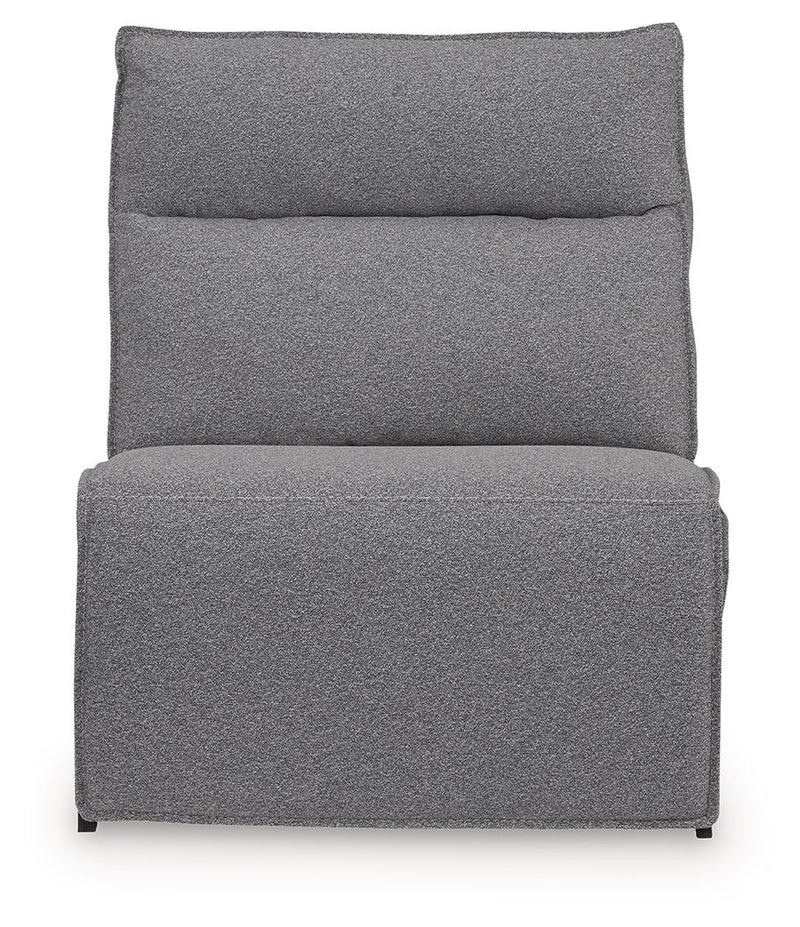 Salt-and-pepper gray upholstered recliner with tall back cushion and padded seat, front view