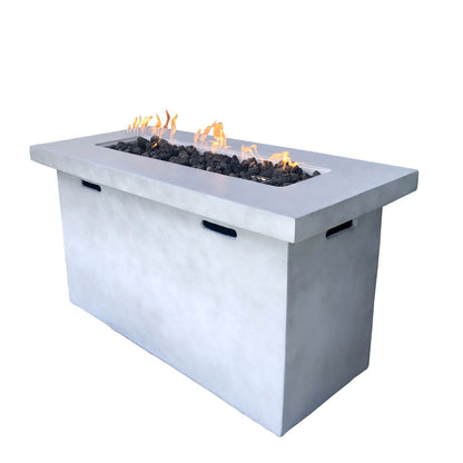 Light gray outdoor propane fire pit table with rectangular burner and side handles