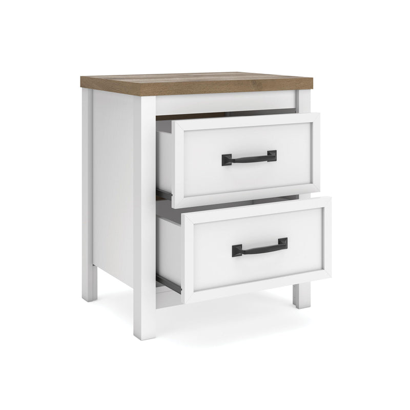 Two-drawer nightstand in white with brown top; drawers with black bar pulls