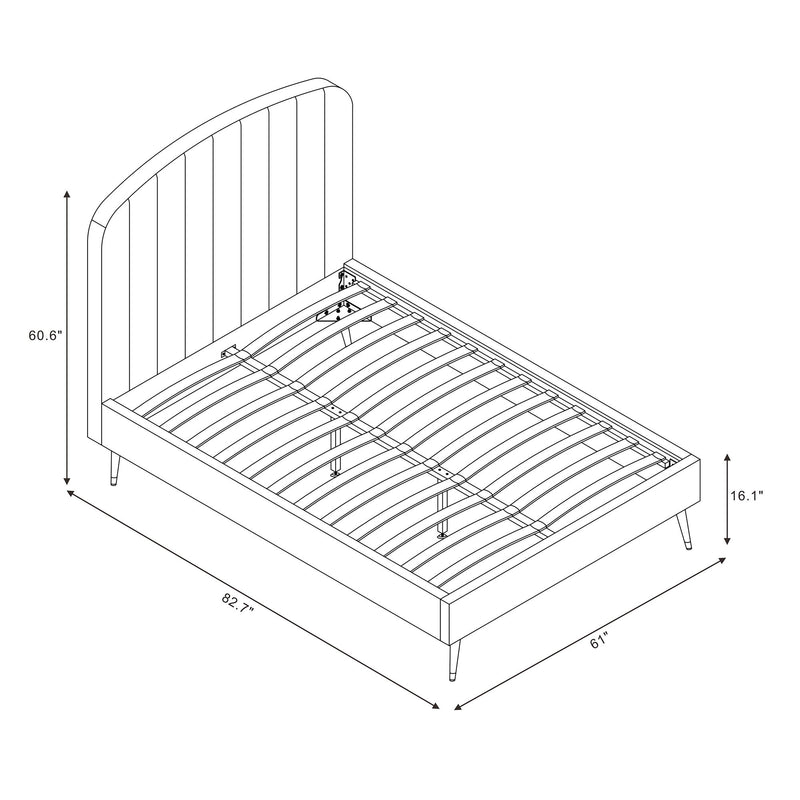 Arched channel upholstered bed frame with slatted support and dimensions