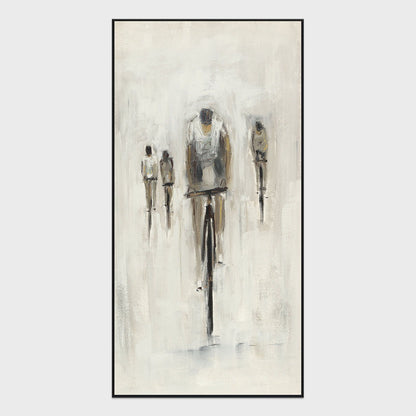 Framed vertical cyclist wall painting by Buddy Whitlock with two small figures