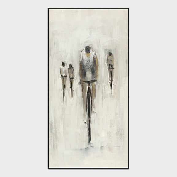 Framed vertical cyclist wall painting by Buddy Whitlock with two small figures