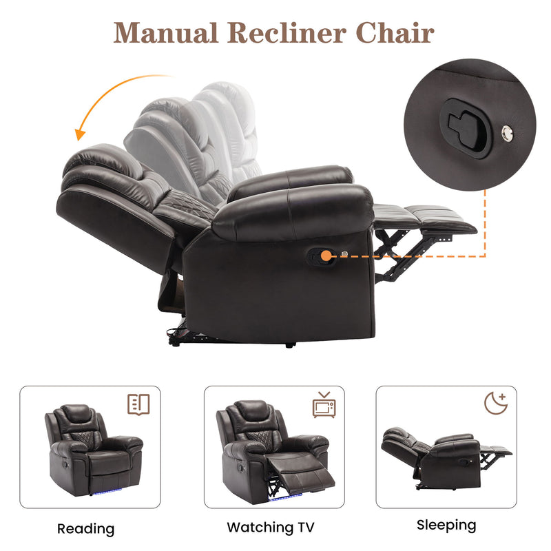 Black manual recliner chair with LED strip and illustrated reclining positions