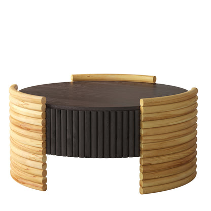 Round coffee table with flip-top storage, alternating light and dark wood slat sides