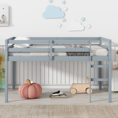 Solid Wooden, Rubber Wooden Twin Loft Bed with Ladder, Bed Platform of Strengthened Slats, Grey