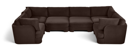 Dark brown velvet U-shaped sectional sofa with sectional seat and arm padding