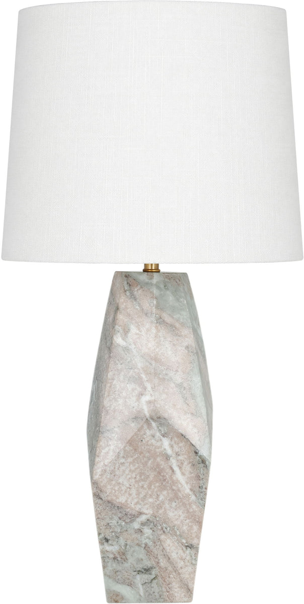 Marble table lamp with white fabric shade and gray marble base