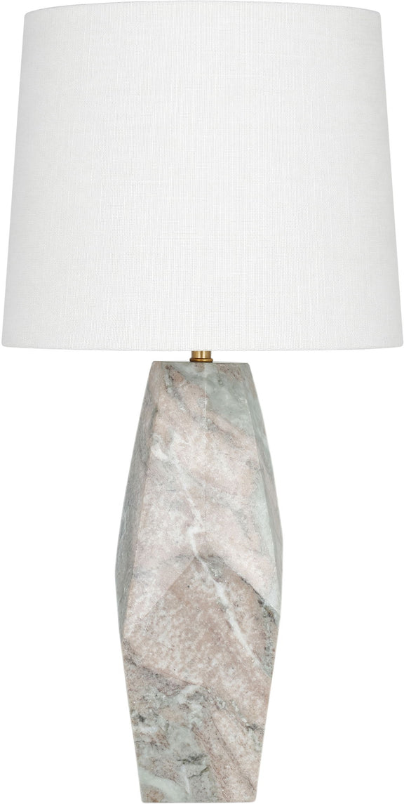 Marble table lamp with white fabric shade and gray marble base