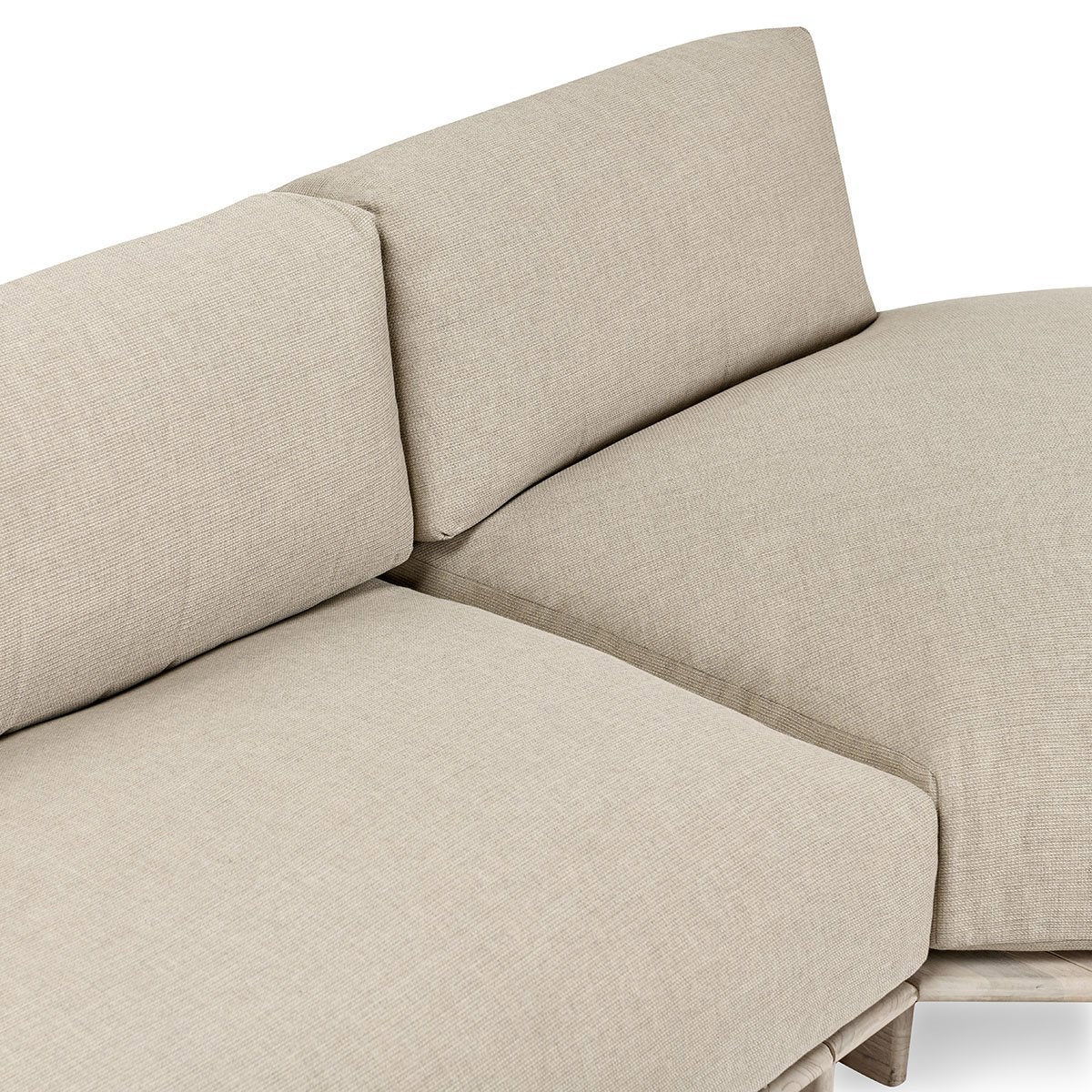 Taupe outdoor sectional sofa arm and back cushions in beige fabric