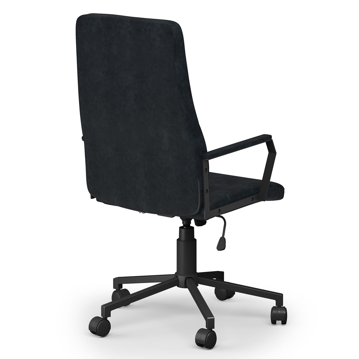 High-back distressed blue swivel office chair with armrests and 5-caster base