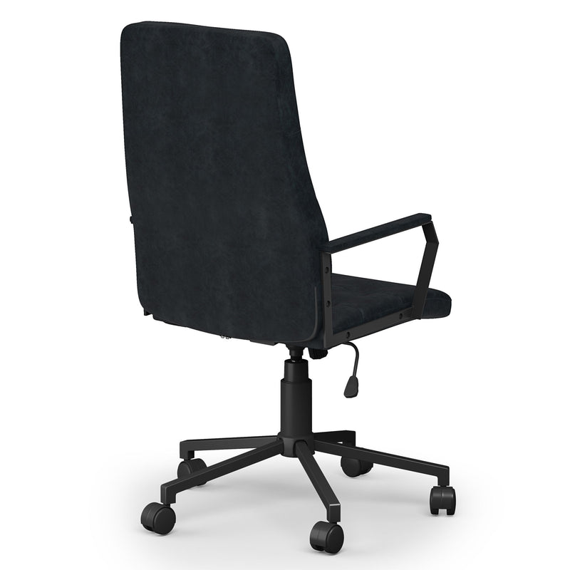 High-back distressed blue swivel office chair with armrests and 5-caster base