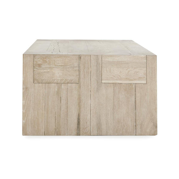 Reclaimed oak storage table with two drawer fronts on top, aged cream finish