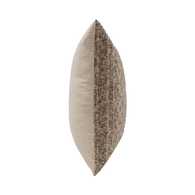 Beryl pillow, natural cream with cocoa brown textured side panel shown from edge